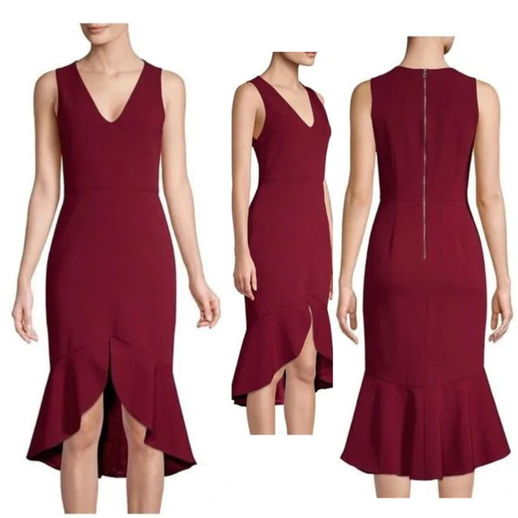 Alice and Olivia Blakesley Split Front Fit and Flare Dress in Bordeaux 4 - Picture 1 of 11